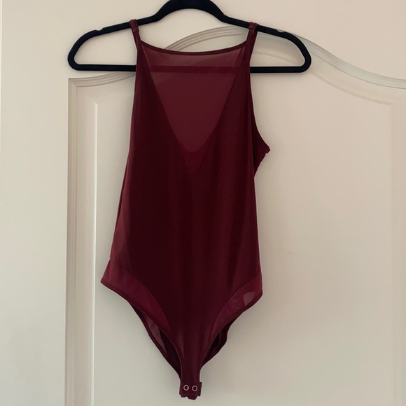 Burgundy bodysuit, mesh front v neck - Picture 1 of 2